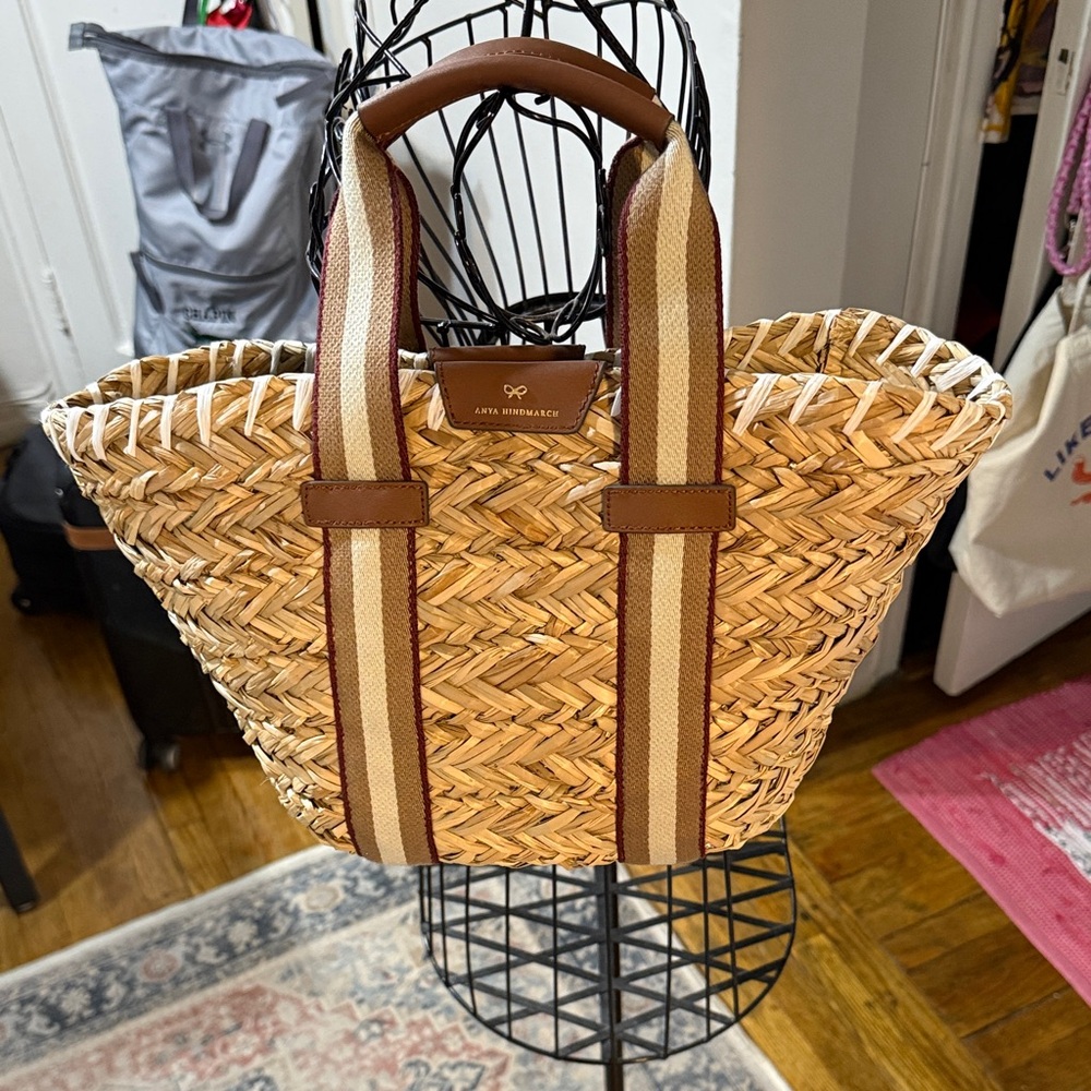 Anya Hindmarch Woven Straw Tote with Brown and Cream Straps